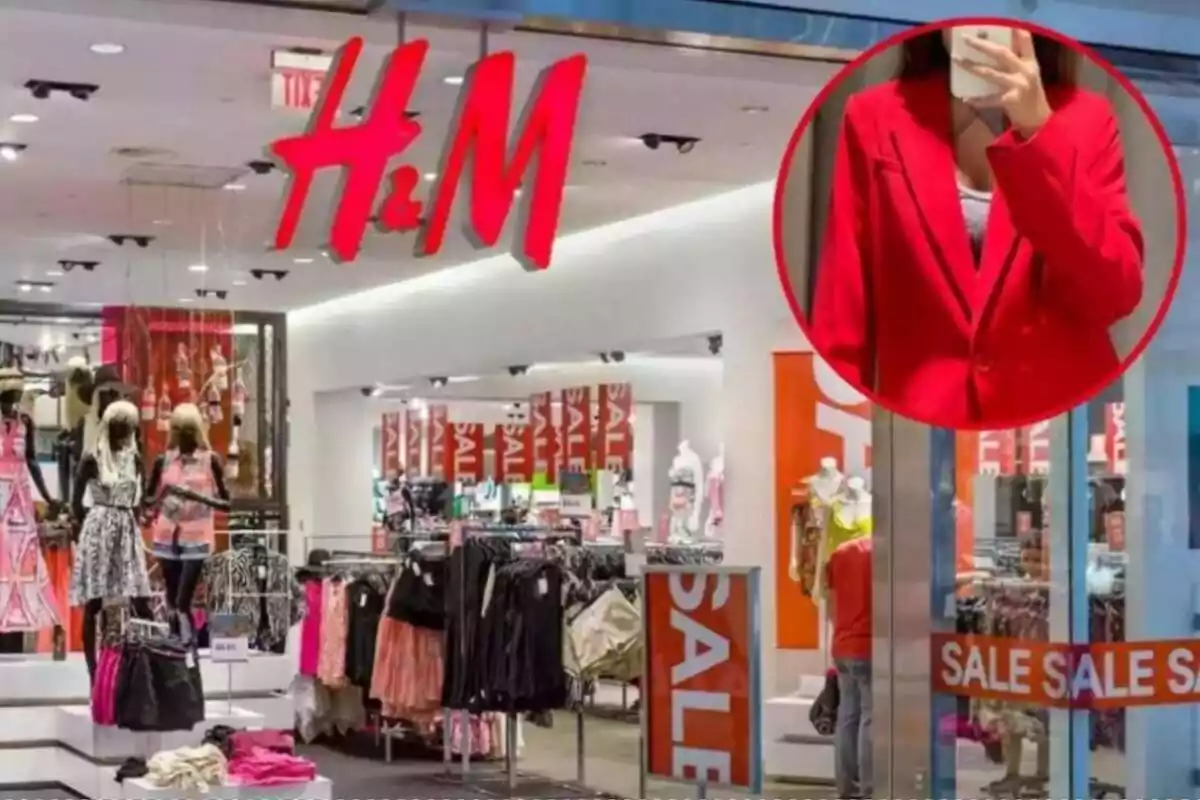 Montaje con tienda de H&M y círculo rojo con chica con americana roja de H&M