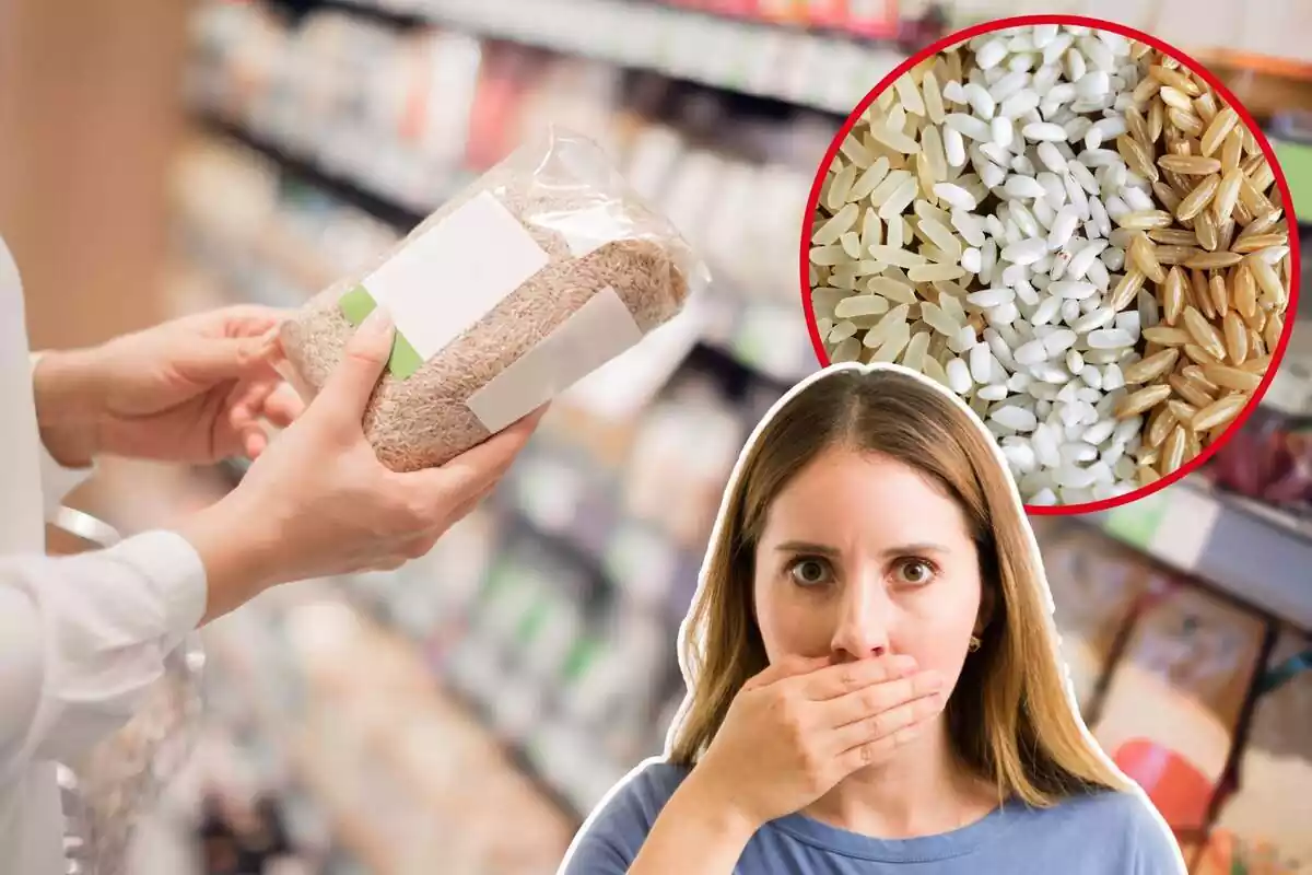 Imagen de fondo de una persona mirando un paquete de arroz en el supermercado junto a otras dos imágenes, una de varios tipos de granos de arroz y otra de una mujer con gesto de sorpresa