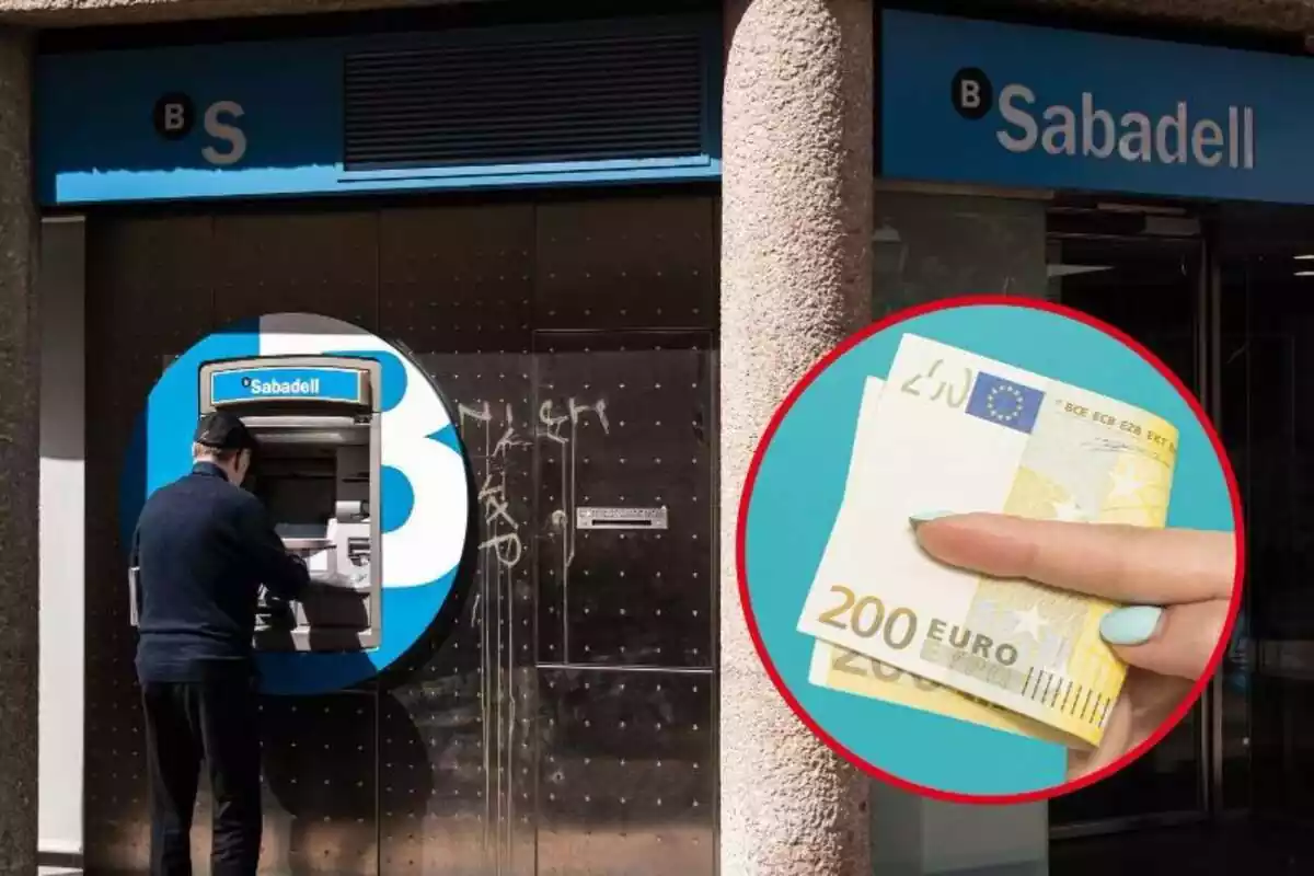 Imagen de fondo de un cajero del Banco Sabadell con una persona haciendo una operación, y otra imagen de una mano con varios billetes de 200 euros