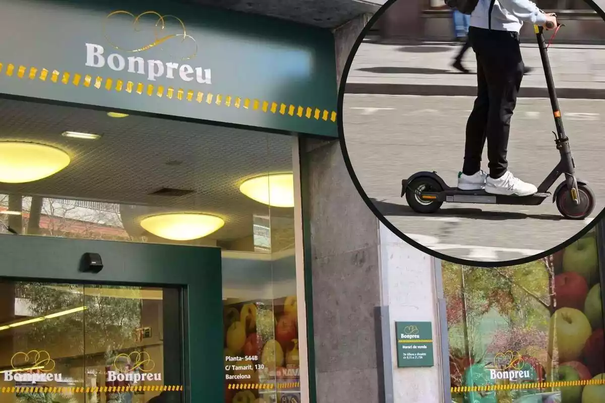 Fotomontaje exterior de un Bonpreu y un chico conduciendo un patinete eléctrico