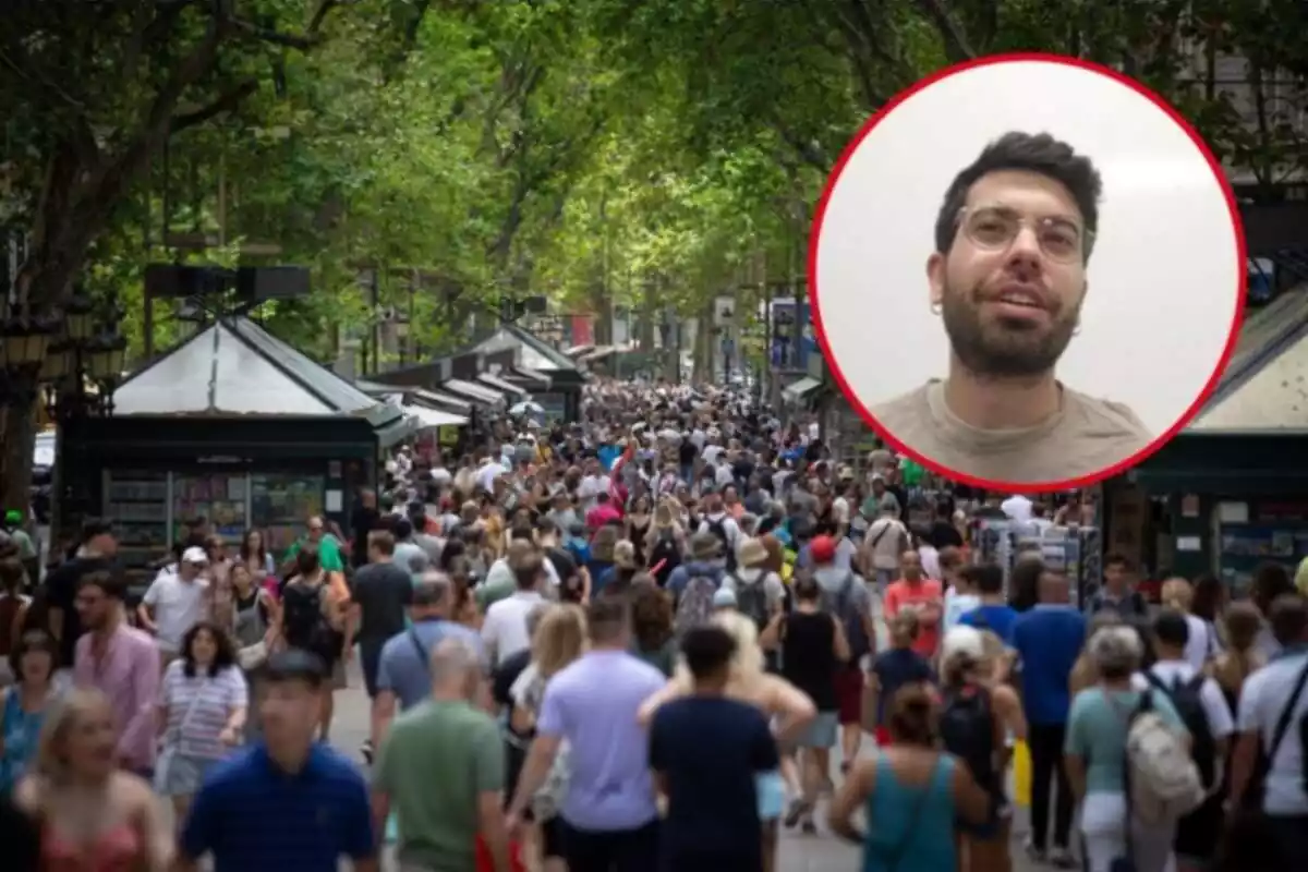 Montaje con rambla de Barcelona llena de gente paseando y círculo rojo con el tiktoker Alejandro Mesa