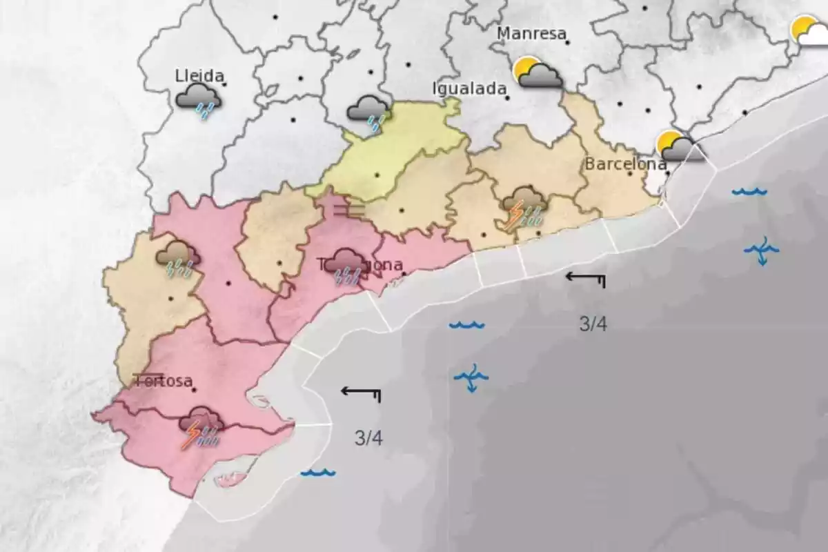 Imagen de las comarcas a las que se espera que llueva con intensidad el 2 de septiembre de 2023