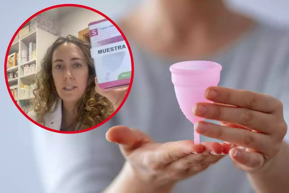 Imagen de fondo de una persona sosteniendo una copa menstrual y otra de una farmacéutica mostrando una caja de una copa menstrual