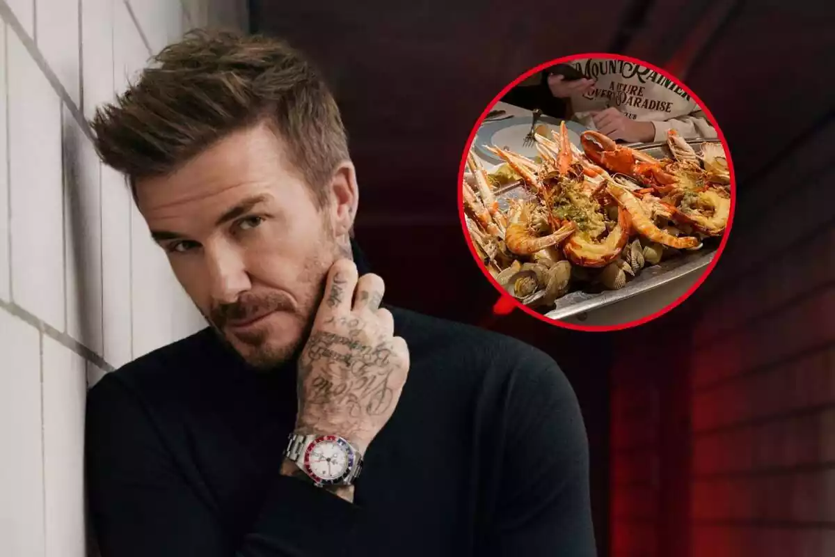 Montaje con David Beckham y una mariscada en un restaurante de Barcelona