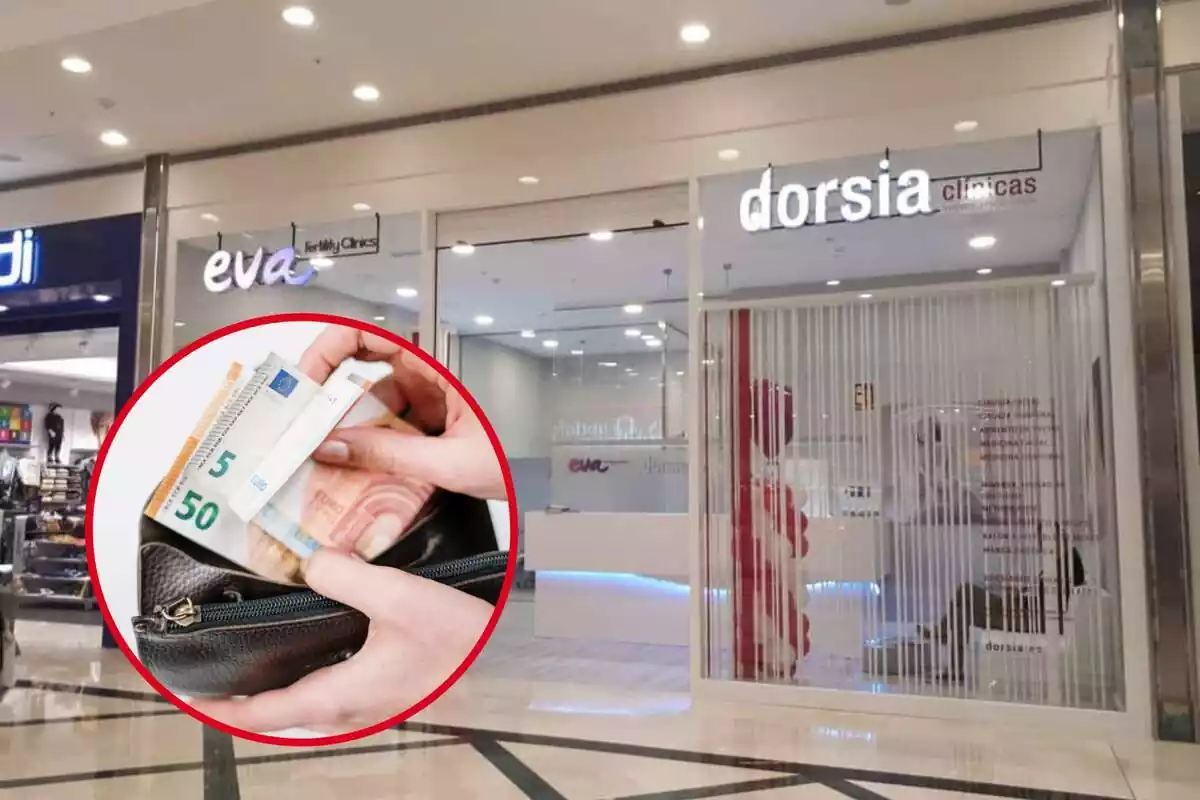 Montaje con clínica Dorsia y círculo rojo con persona sujetando monedero con billetes de euro