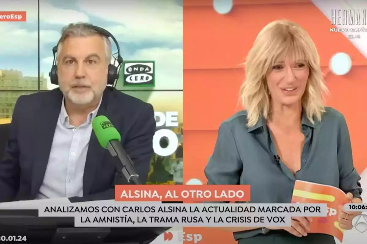 Captura de 'Espejo Público' con Carlos Alsina hablando desde la radio y Susanna Griso riendo en plató el 30 de enero de 2024