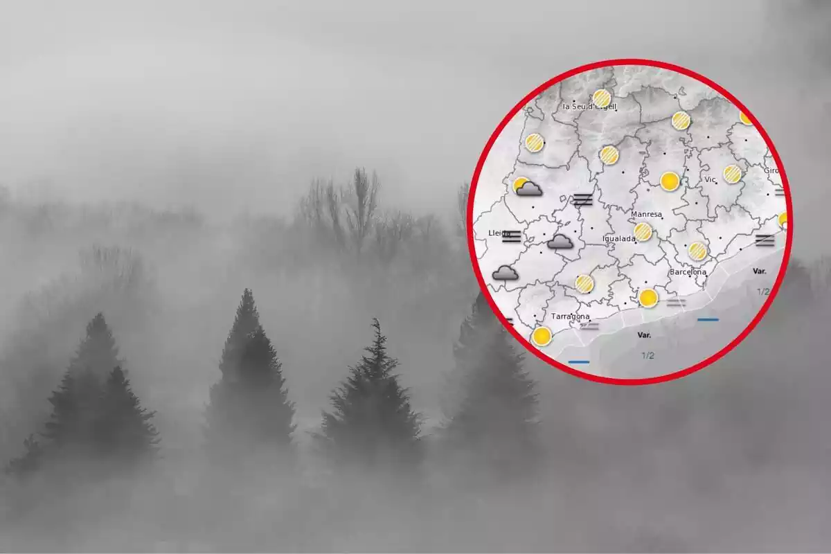 Montaje con una foto panorámica de nieblas y un mapa del tiempo