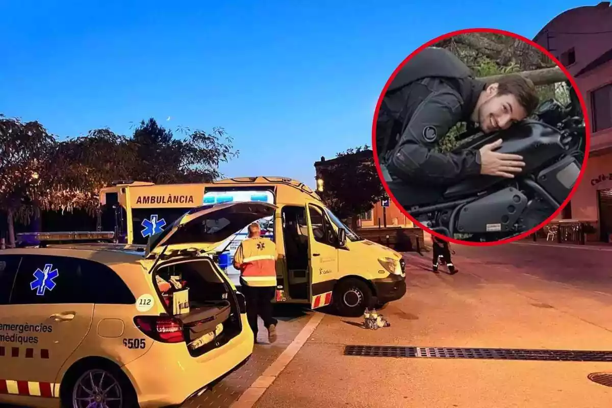Fotomontaje entre unas ambulancias y una imagen de Josep, un chico atropellado mientras iba en motocicleta