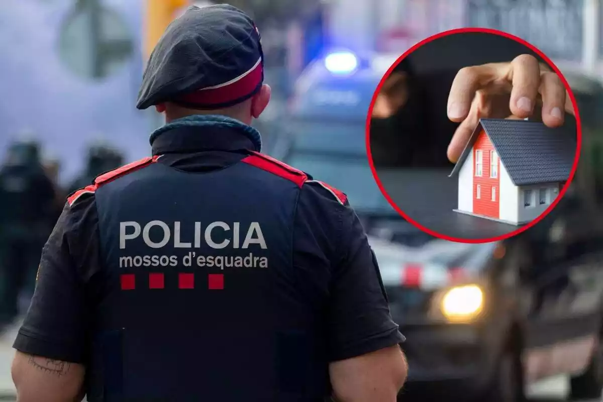 Fotomontaje de un agente de los Mossos d'Esquadra de espaldas y una foto de archivo de un ladrón cogiendo con la mano una maqueta de una casa