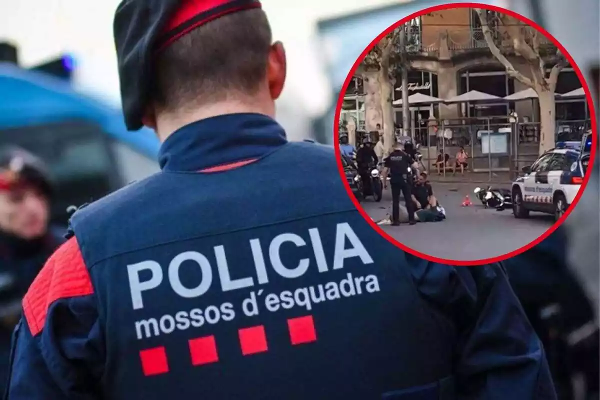 Fotomontaje de un agente de los Mossos d'Esquadra de espaldas y una captura del momento en que los Mossos atropellan a un motorista en Barcelona
