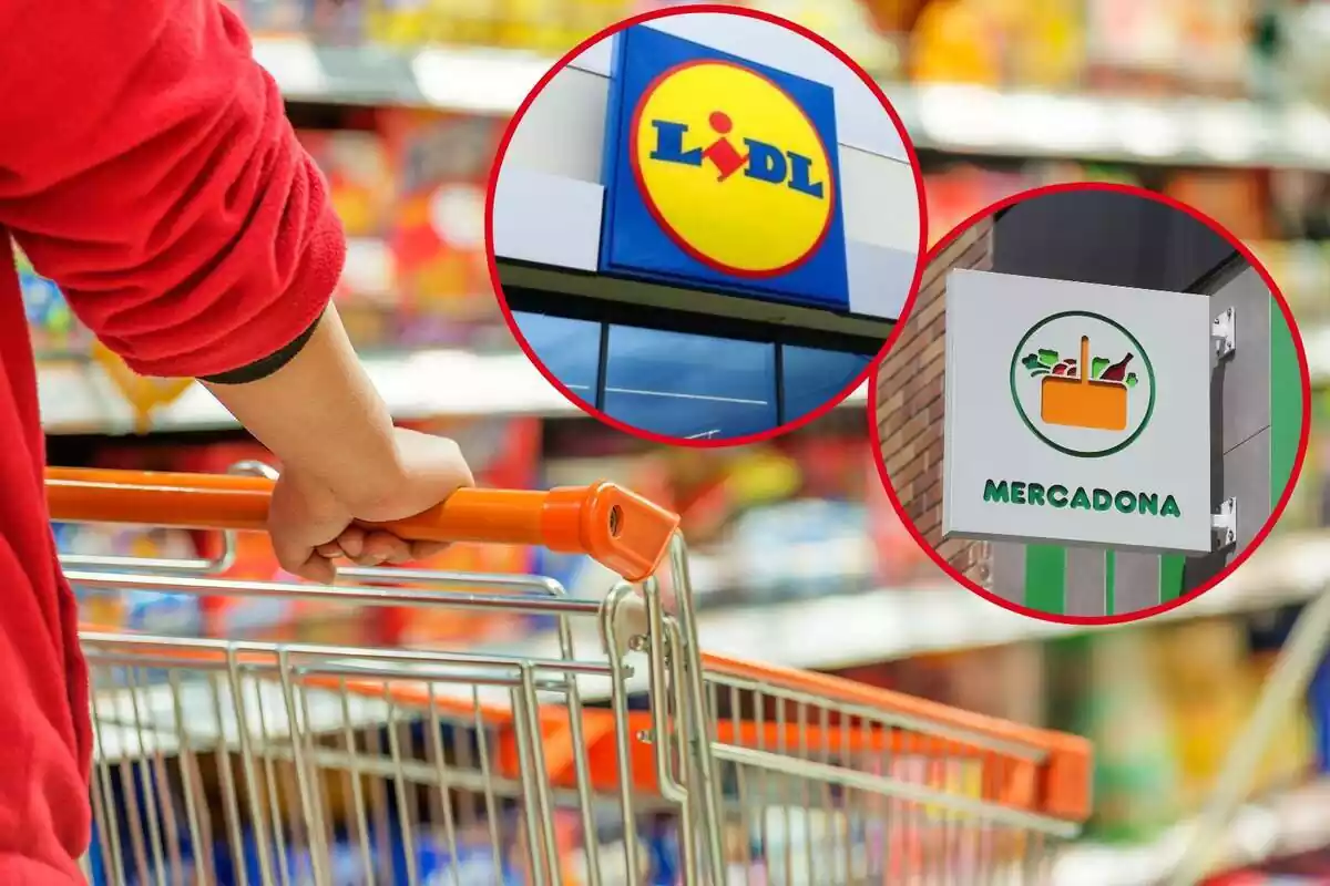 Fotomontaje con un carro de supermercado de fondo y al frente dos redondas rojas con los logos de Lidl y Mercadona