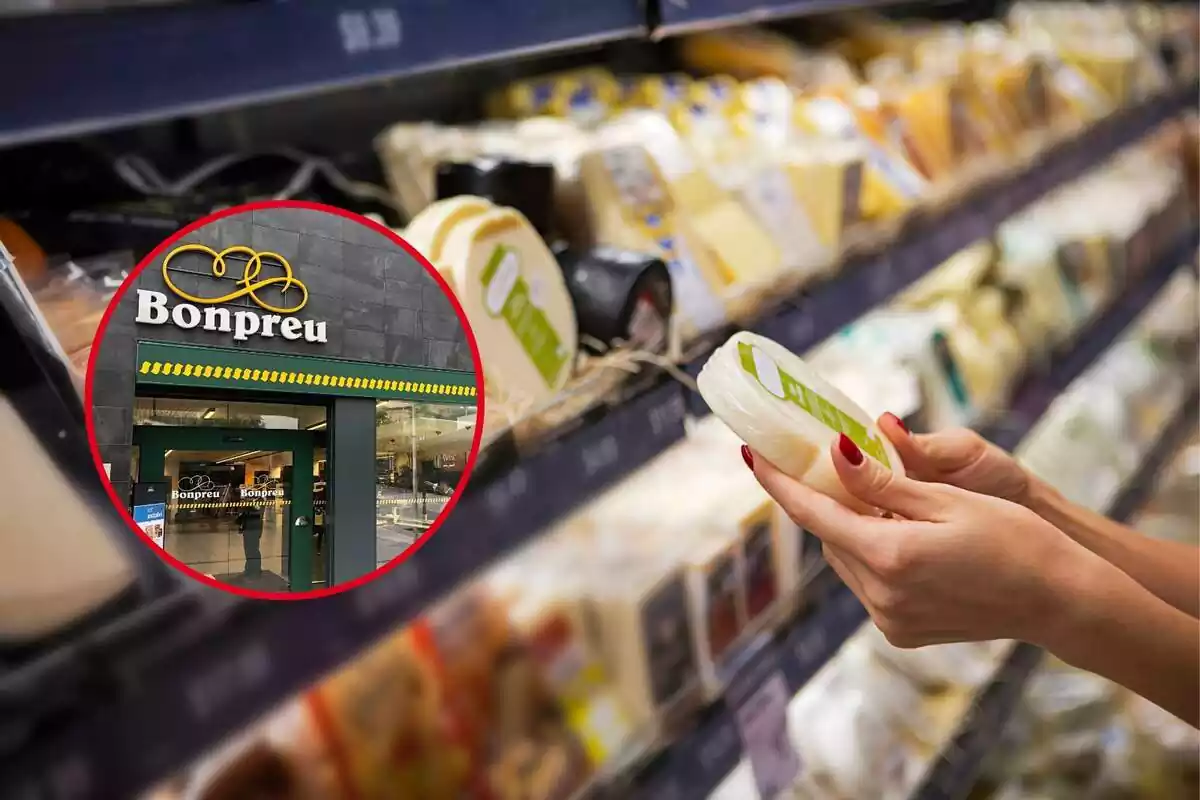 Fotomontaje de una estantería de quesos y una imagen de la fachada de un supermercado Bonpreu