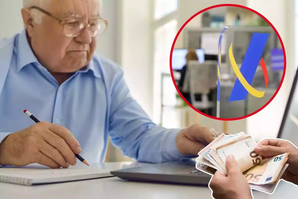 Imagen de fondo de un hombre con una libreta y un ordenador portátil delante, otra imagen del logo de Hacienda y una última de una mano con varios billetes de euros