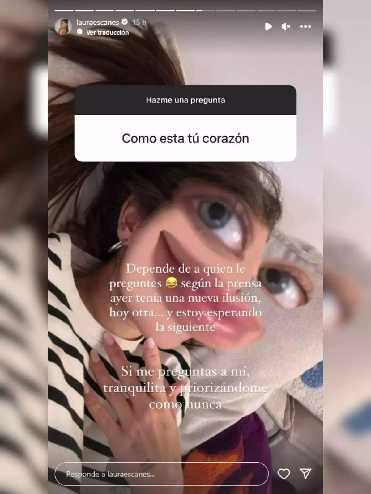 Storie de Laura Escanes en Instagram con un filtro con los ojos grandes explicando como está su corazón el 31 de enero de 2024