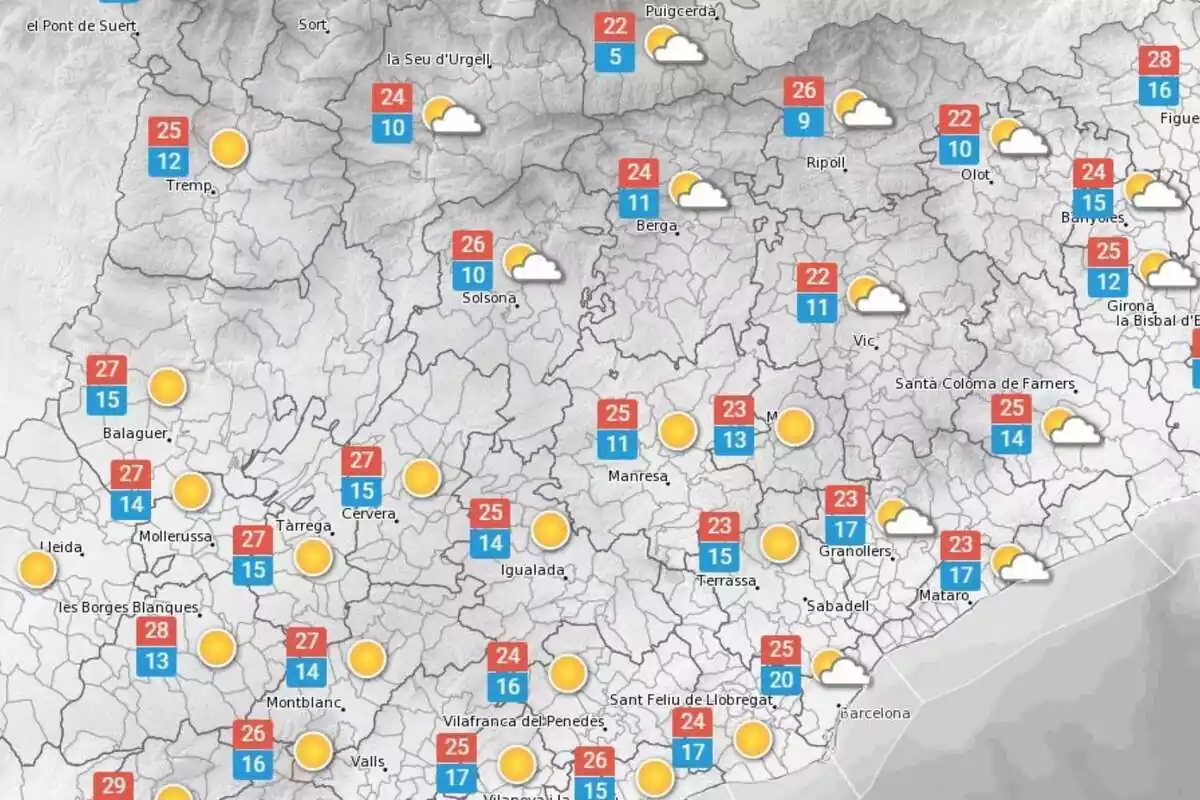Mapa con las temperaturas previstas para el 19 de septiembre en Cataluña