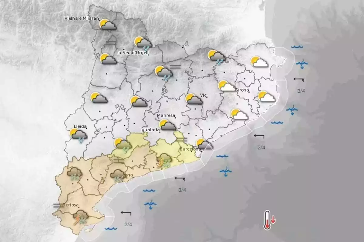 Mapa con la predicción meteorológica para el 2 de agosto por la tarde en Cataluña