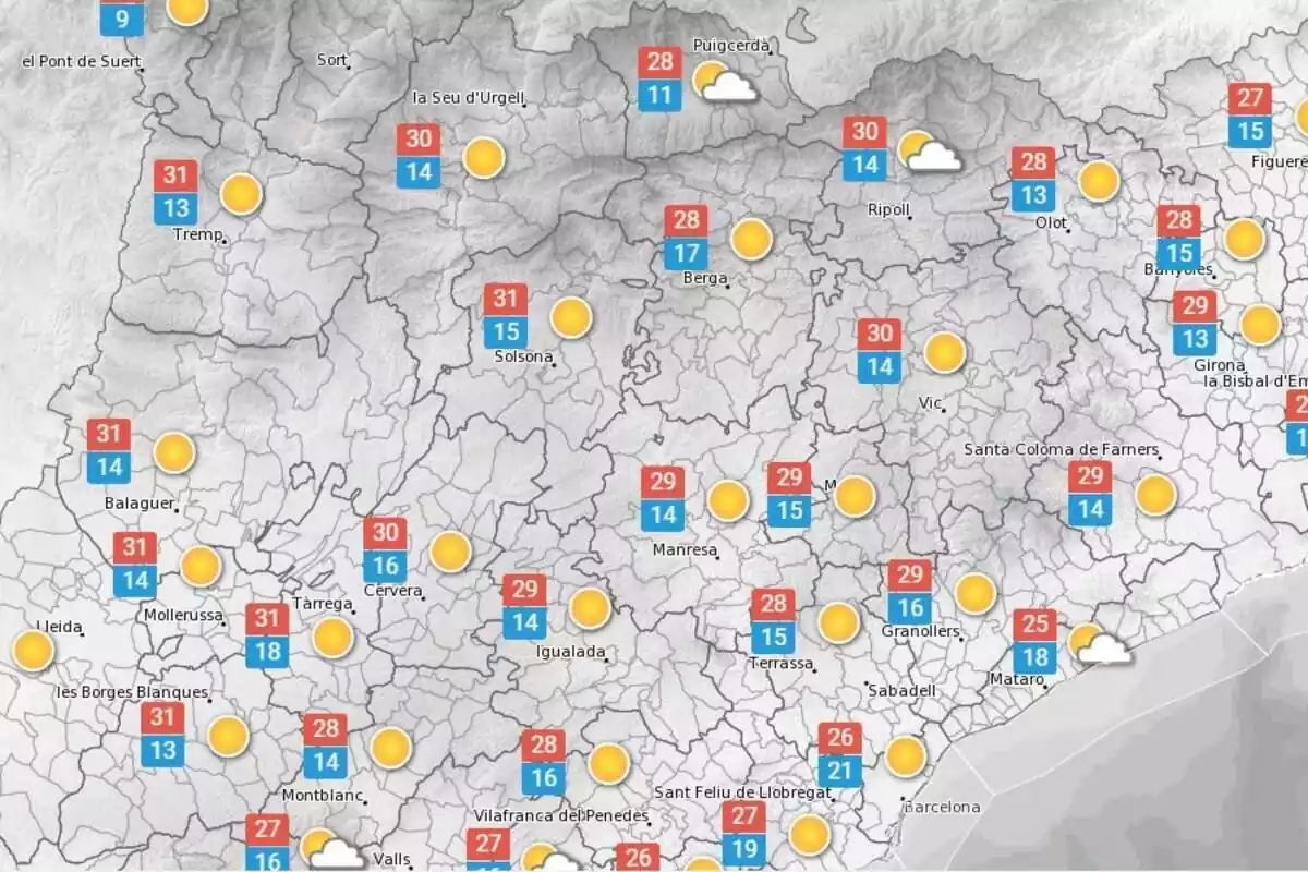 Mapa con las temperaturas previstas para el 2 de octubre en Cataluña