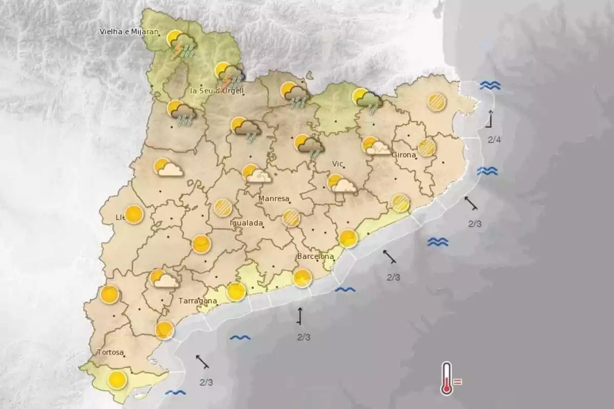 Mapa con la predicción meteorológica para el 22 de agosto en Cataluña