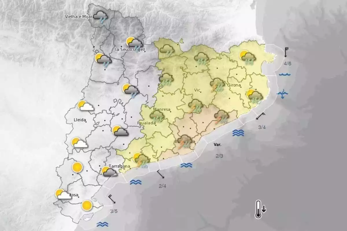 Mapa con la predicción meteorológica para el 27 de agosto en Cataluña