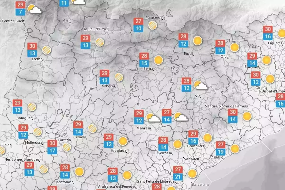 Mapa con las temperaturas previstas para el 3 de octubre en Cataluña