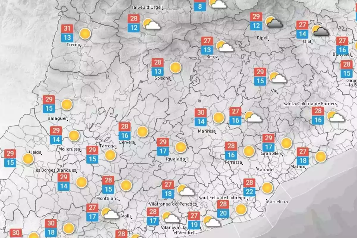 Mapa con las temperaturas previstas para el 5 de octubre en Cataluña