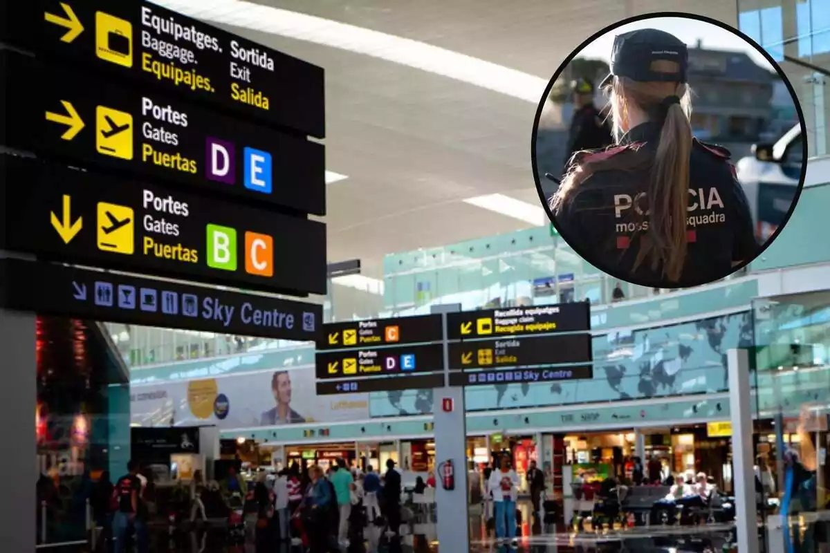 Montaje fotográfico entre una imagen de la Terminal 1 del Aeropuerto de Barcelona y los Mossos d'Esquadra