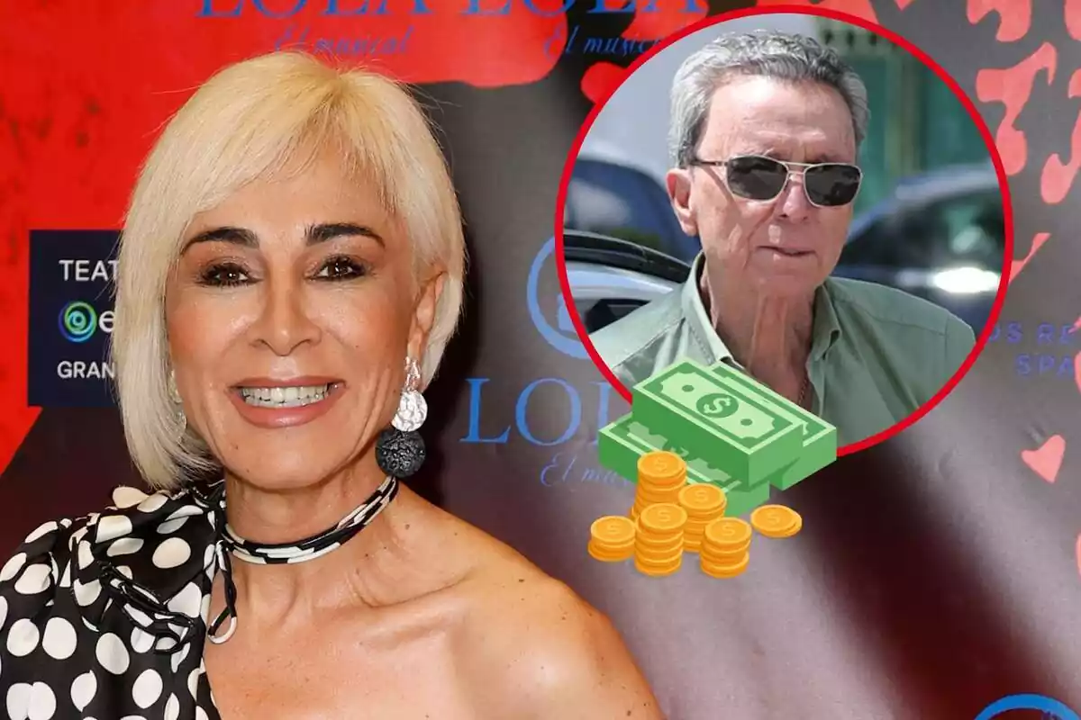 Montaje con Ana María Aldón sonriendo con una blusa de topos, José Ortega Cano con unas gafas de sol y dinero
