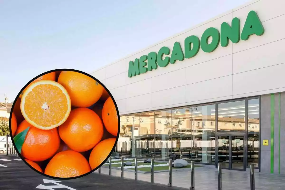 Montaje con el exterior de un supermercado Mercadona y unas naranjas en primer plano