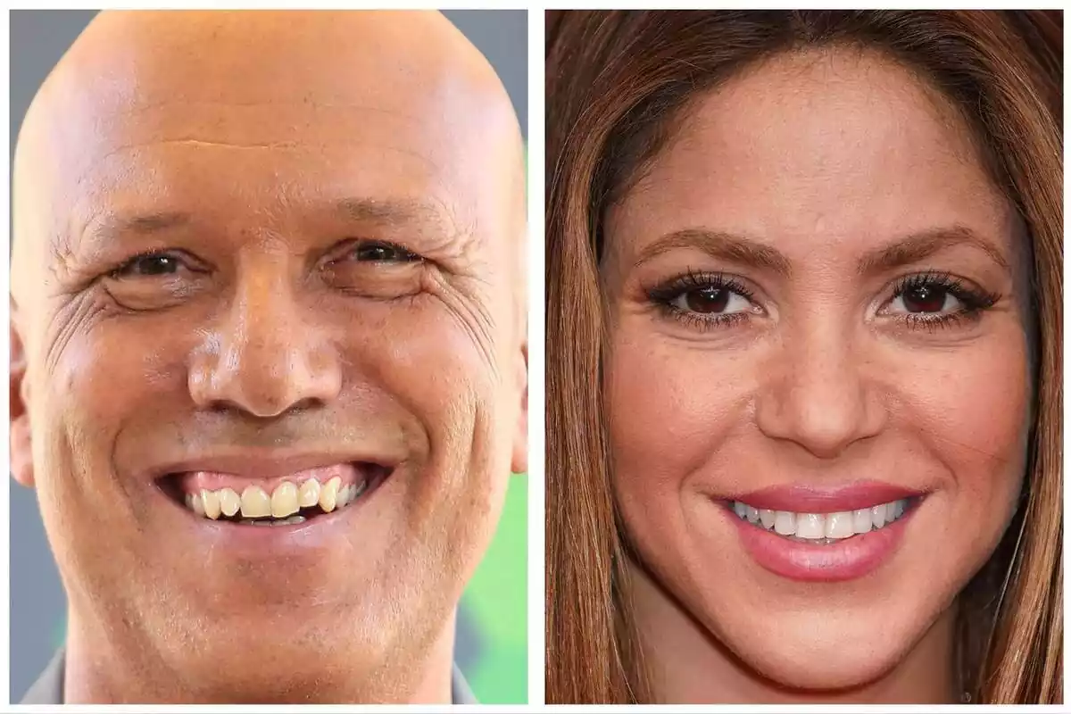 Montaje de las caras de Alfons Arús sonriendo y Shakira sonriendo en un photocall y mirando a cámara