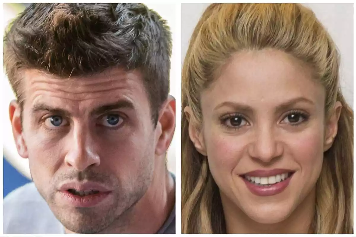Montaje de las caras de Gerard Piqué serio y mirando a cámara, y Shakira sonriendo