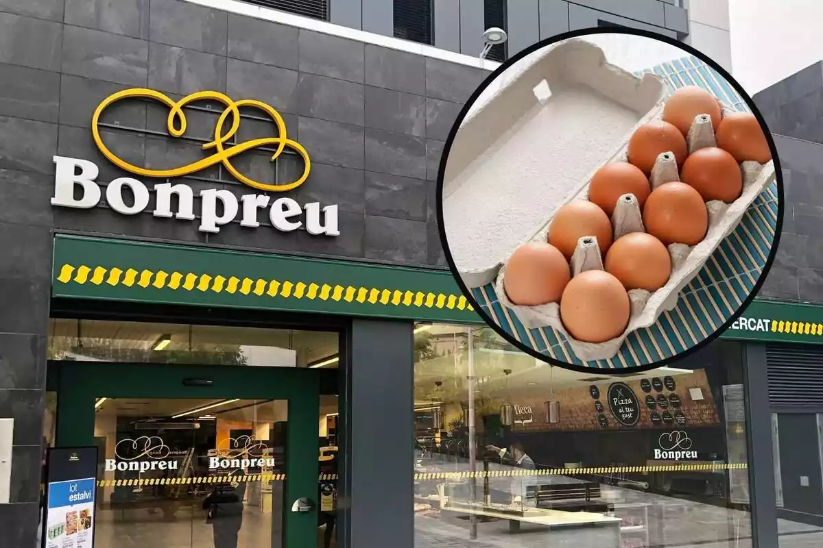 Montaje con una foto del exterior de una tienda Bonpreu y una foto de archivo de una caja de huevos