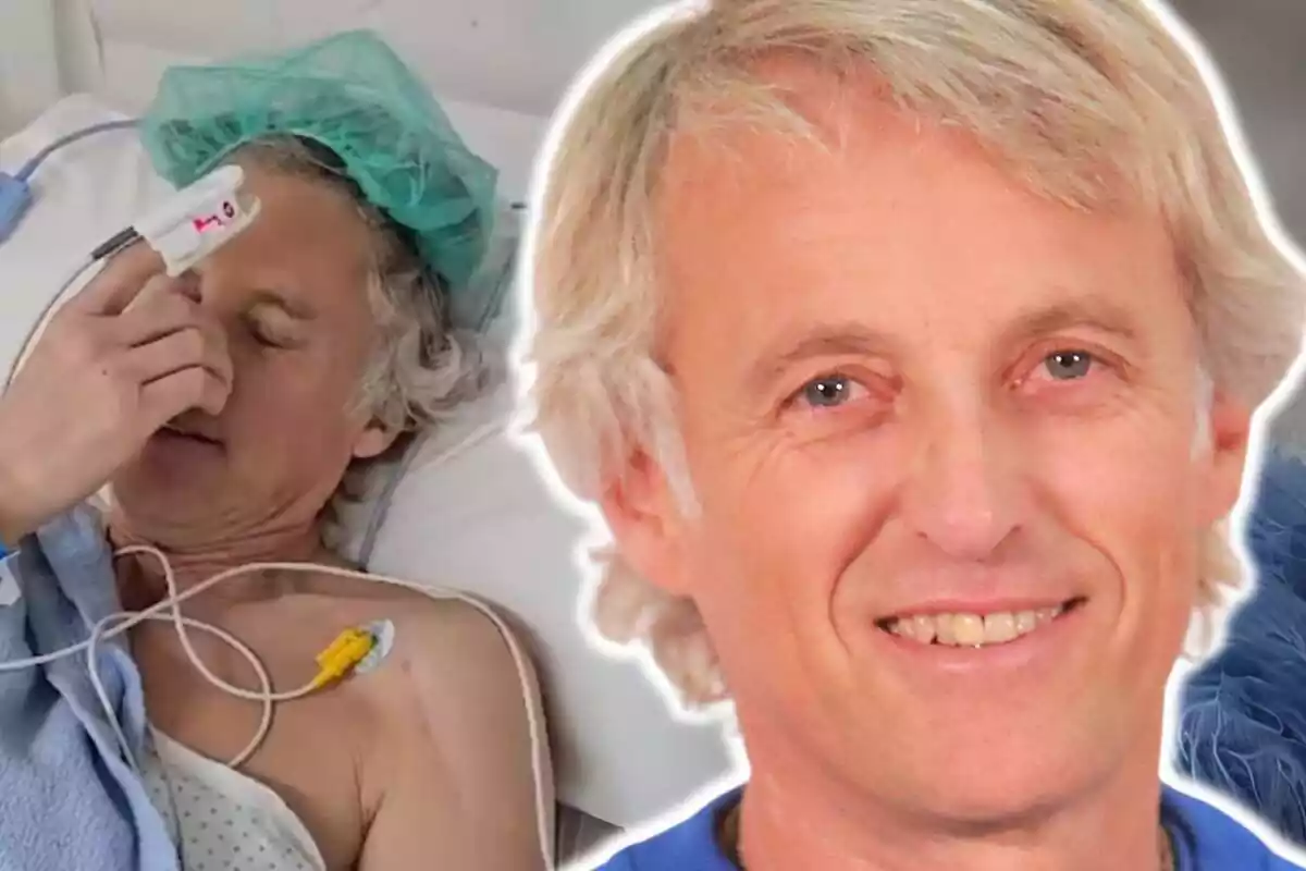 Montaje de fotos de Jesús Calleja, con rostro sonriente en primer plano y, de fondo, una imagen de él en el hospital recién operado