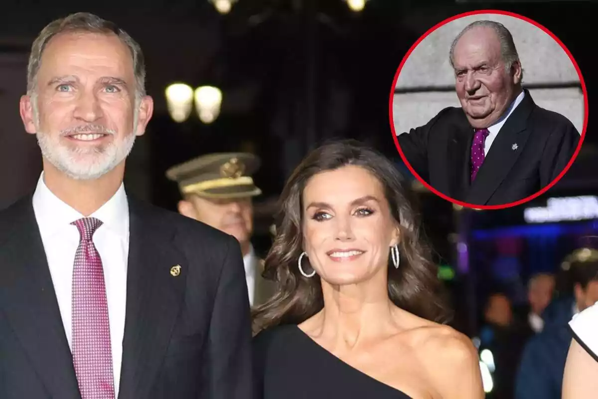 Montaje con Felipe VI mirando hacia arriba, Letizia sonriendo y Juan Carlos I con rostro neutro