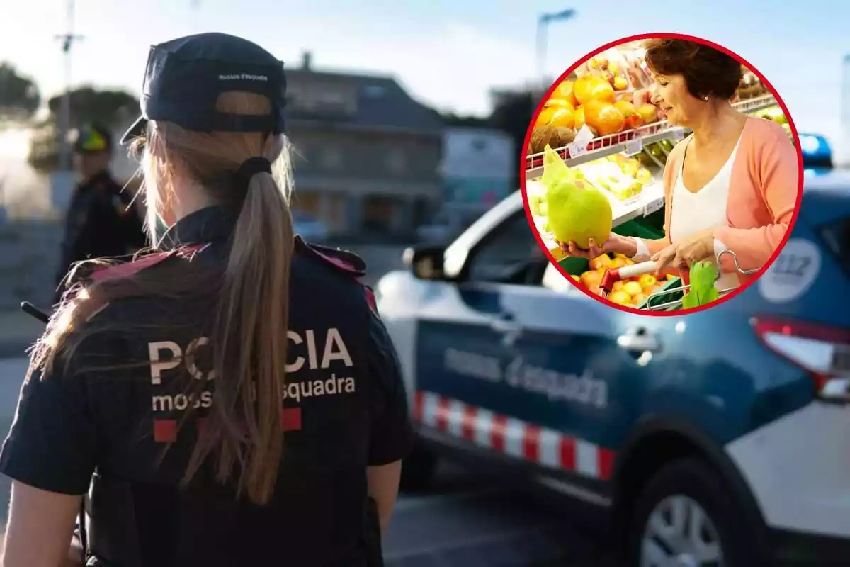 Montaje fotográfico entre una imagen de una agente de los Mossos d'Esquadra y una mujer comprando en el supermercado