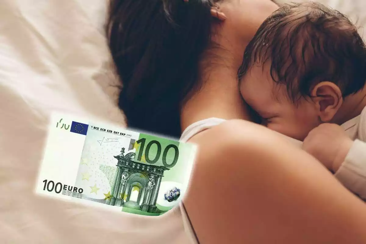 Montaje de una madre con su bebé y un billete de 100 euros