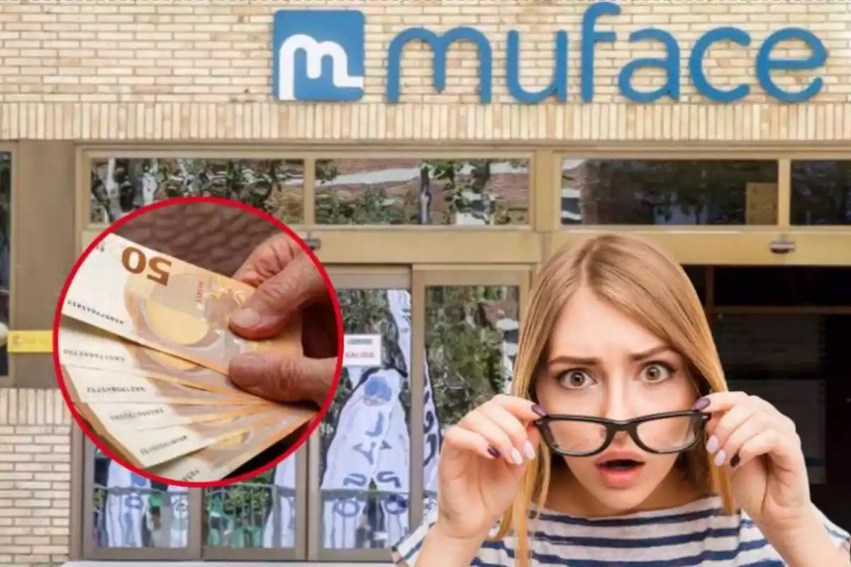 Montaje de Muface, billetes de 50 euros y una mujer sorprendida
