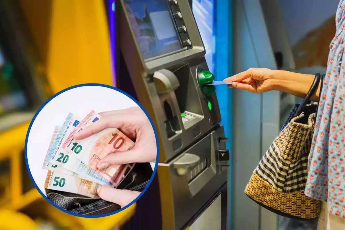 Montaje de una persona quitando dinero de un cajero automático y unas imágenes de billetes