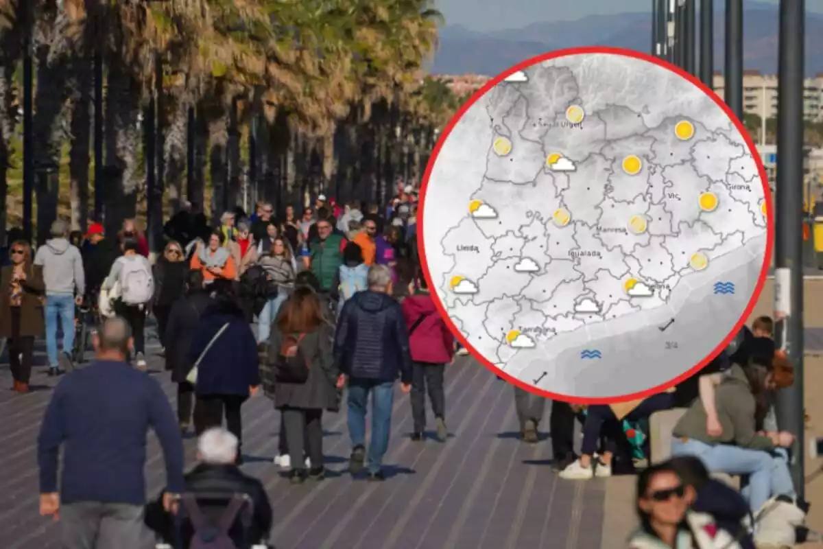 Montaje con personas paseando por la playa y un mapa del tiempo