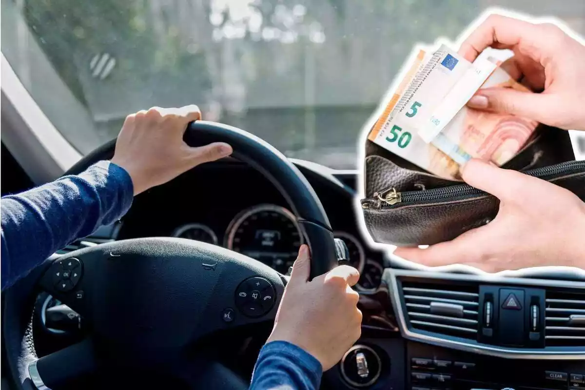 Una persona conduciendo con las manos al volante y una imagen de las manos de otra persona sacando billetes de una cartera