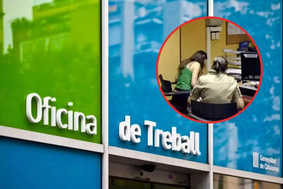 Montaje con una oficina de trabajo en Cataluña y un círculo con una imagen de unas oficinas