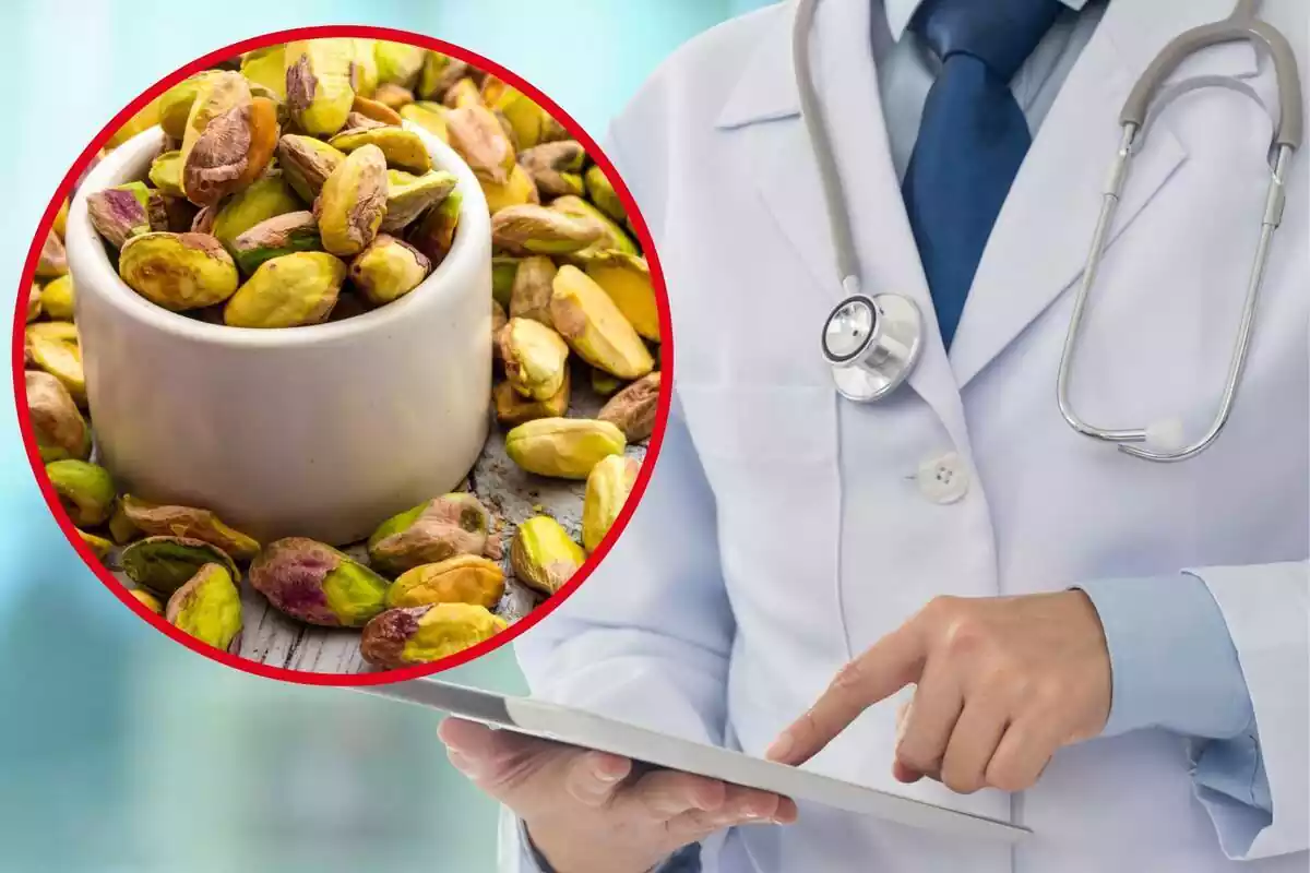 Imagen de fondo de un médico, y otra imagen de varios pistachos ya pelados en un bol