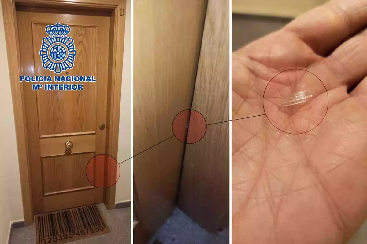 Montaje con varias imágenes de la Policía Nacional mostrando una situación en la que los ladrones han dejado una pieza en una puerta para saber si hay gente o no en la casa