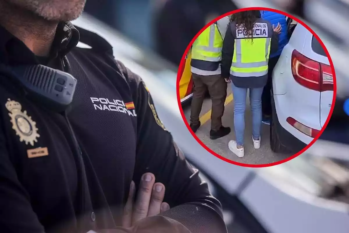 Imagen de fondo de un agente de la Policía Nacional y otra imagen del arresto de un hombre en Tarragona de los más buscados de Europa