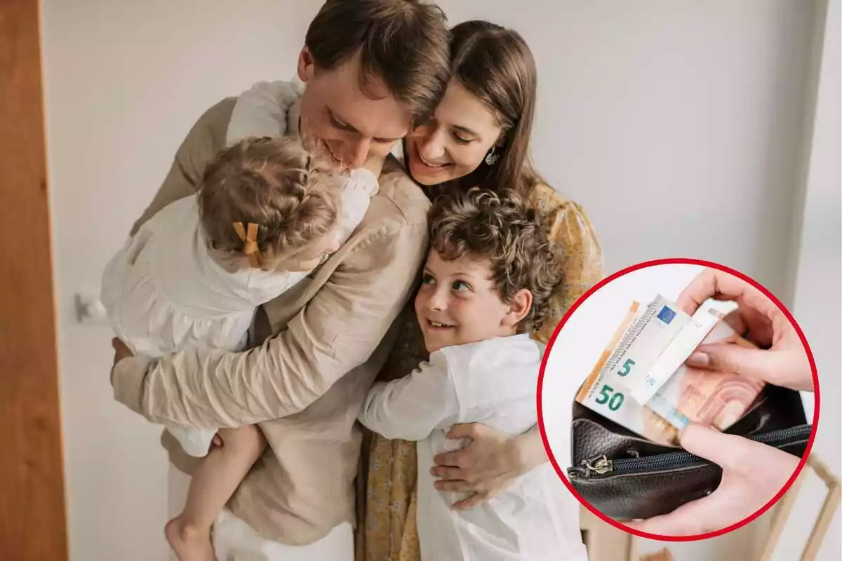 Montaje con familia de 4 integrantes y círculo rojo con manos sujetando monedero y billetes de euro