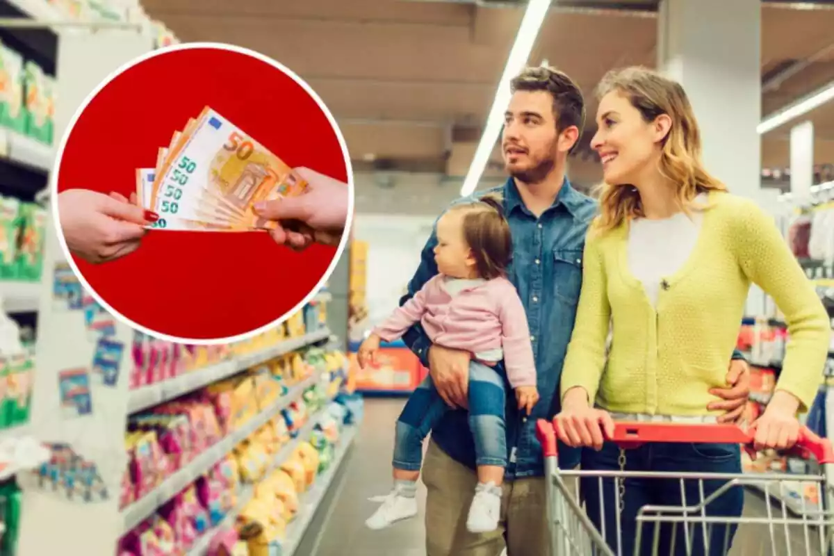 Familia comprando en el supermercado con una imagen a la izquierda de dos personas intercambiándose billetes de 50 euros