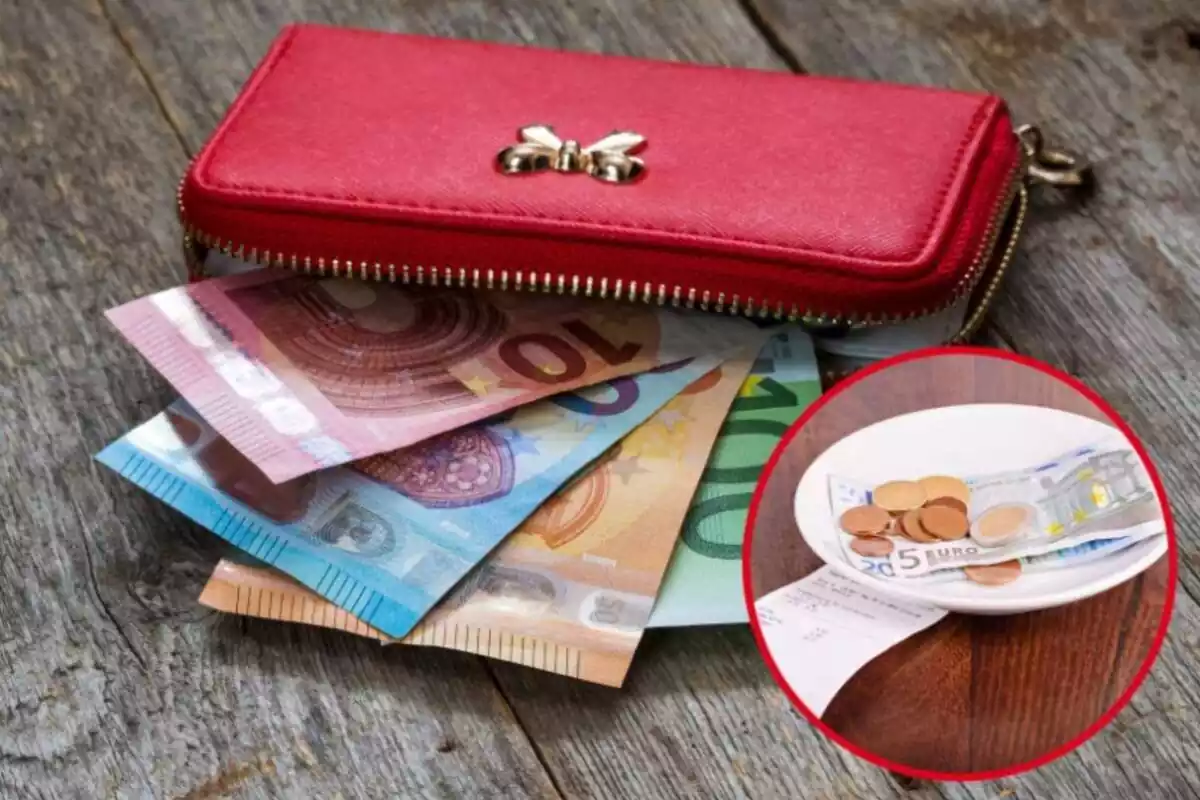 Montaje con monedero rojo y billetes de euro, y círculo rojo con plato pequeño, recibo de restaurante y monedas y billetes de euro