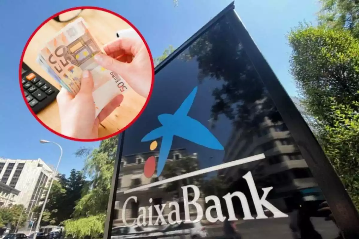Montaje con cartel de CaixaBank y círculo rojo con persona sujetando billetes de euro