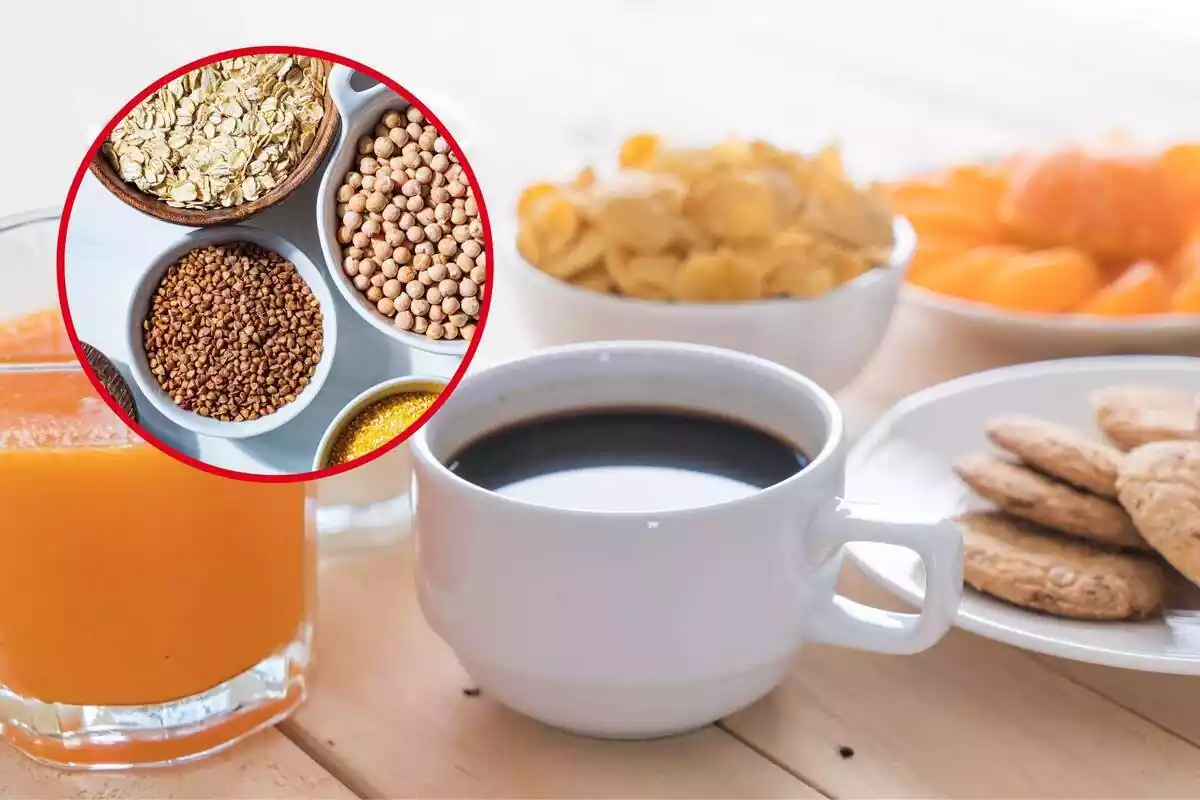 Montaje con taza de café, vaso de zumo de naranja, plato con galletas y bol con cereales y círculo rojo con distintas legumbres
