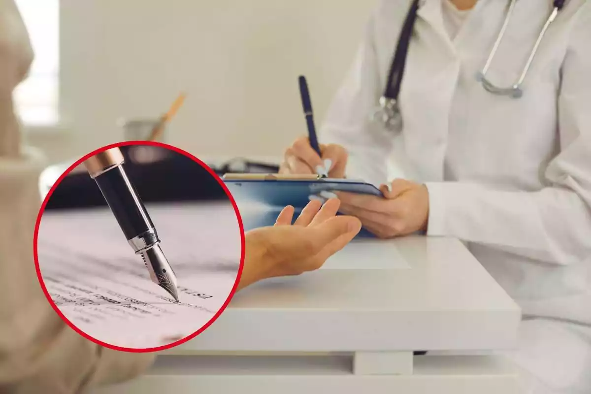 Montaje con médico escribiendo y círculo rojo con pluma en un papel