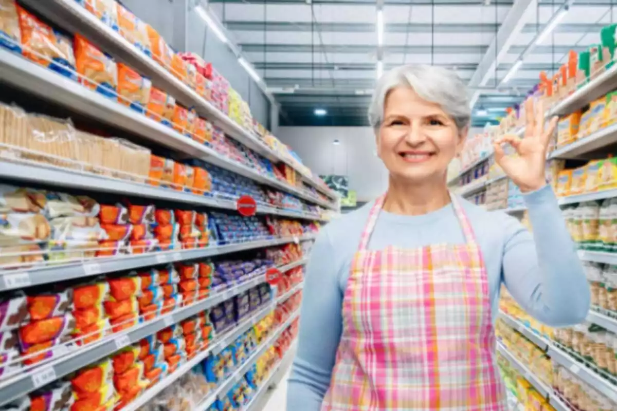 Mujer haciendo el gesto de OK en medio del pasillo de un supermercado